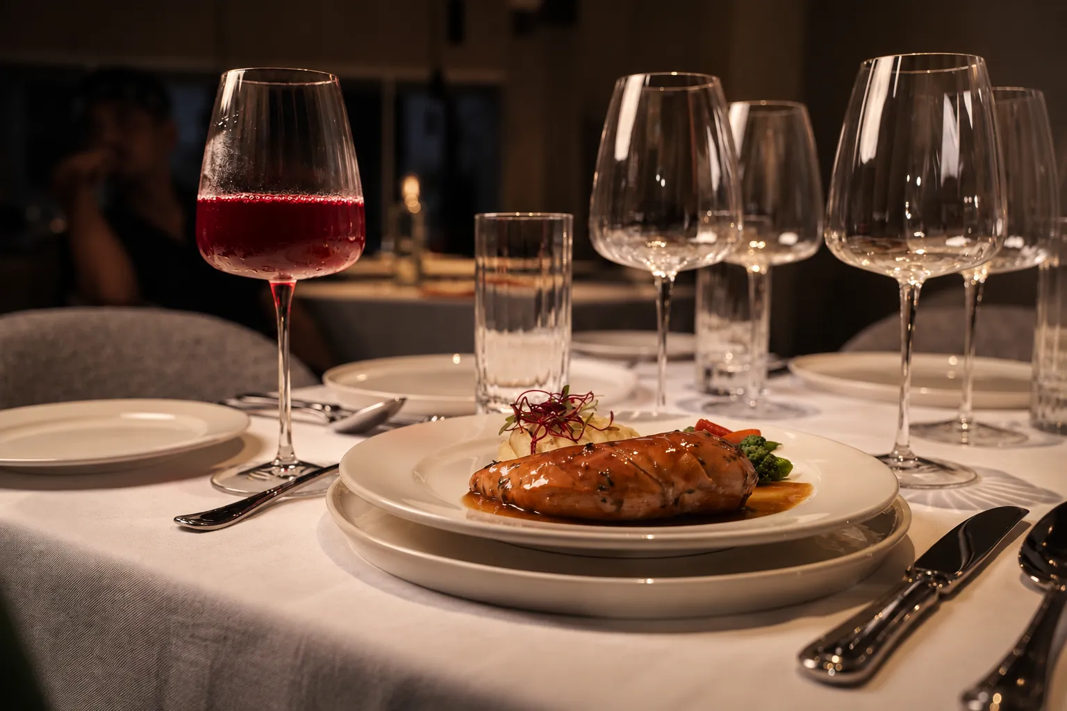 A plated dish with red wine and crystal glasses