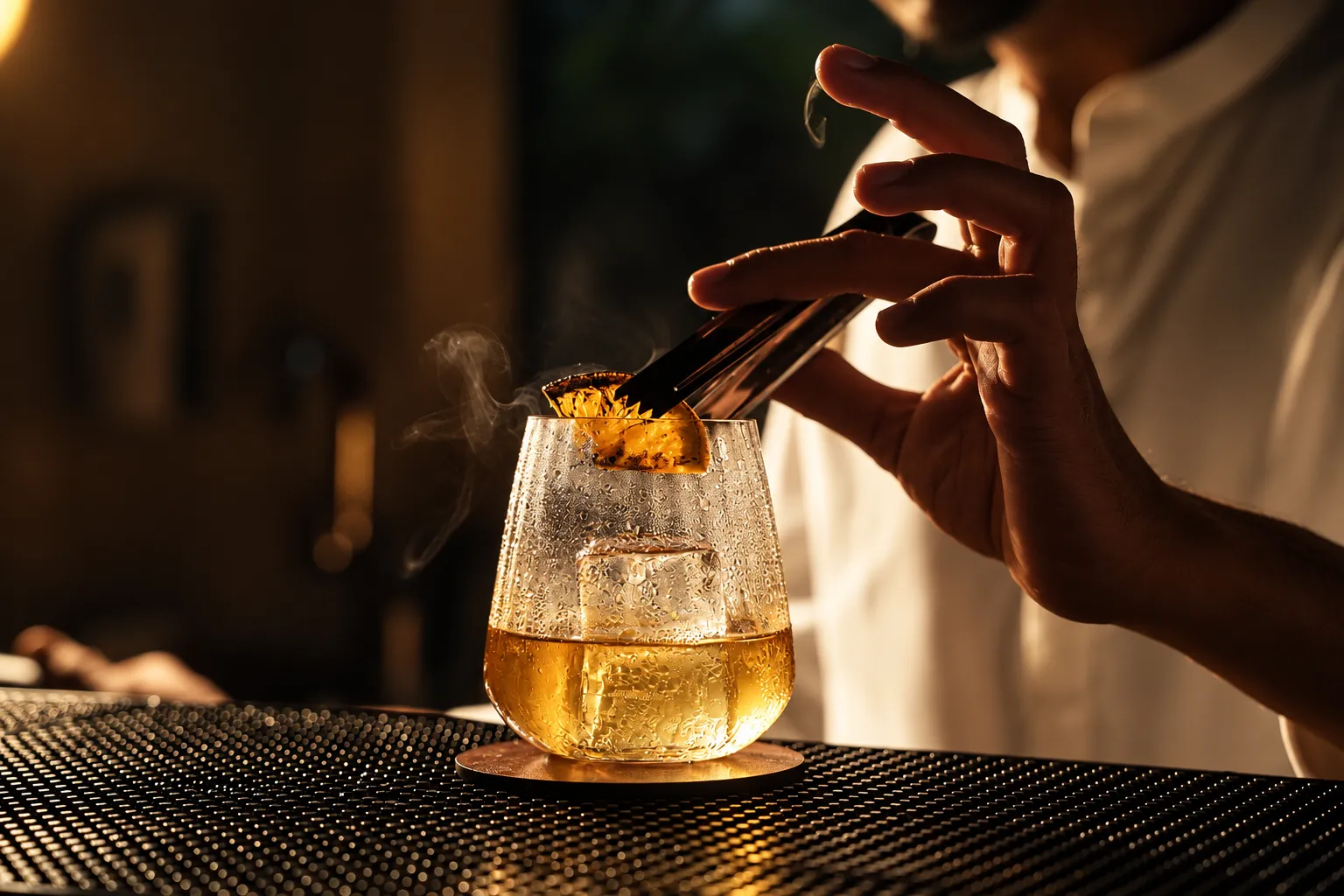 A bartender placing a garnish on a smoked whisky cocktail over a large ice cube